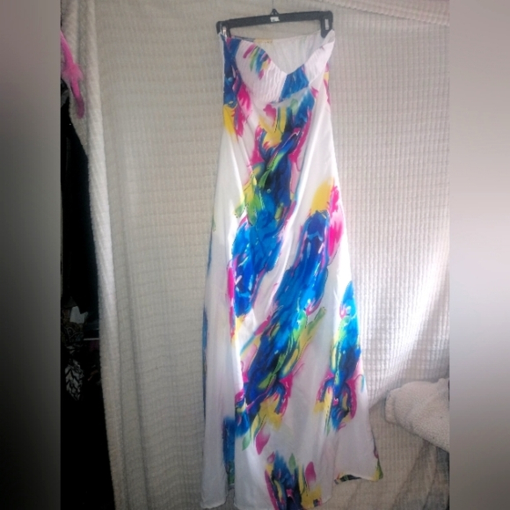 Strapless Bright Long White Satin Colorful Dress white Floral Maxi Dress